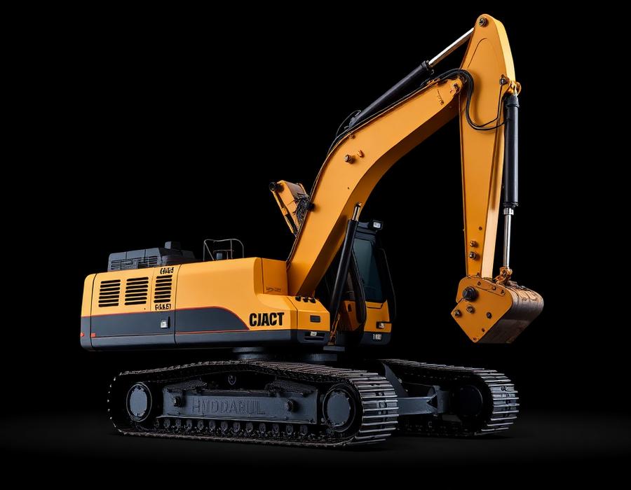Hydraulic tracked excavator on a dark studio background