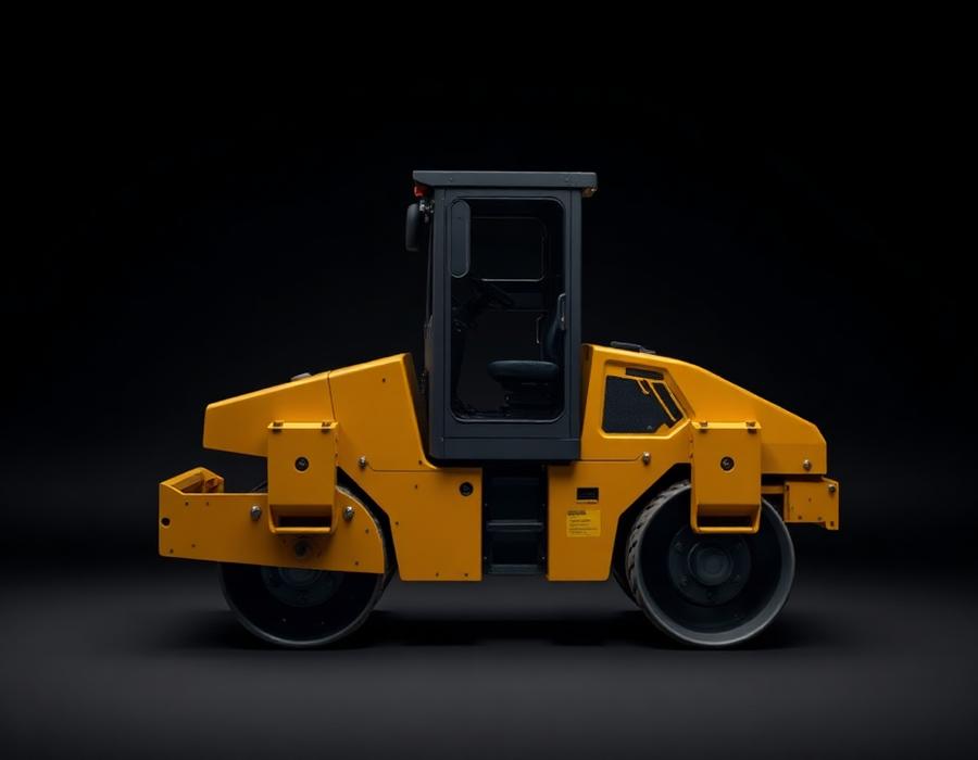Tandem vibratory road roller on a dark studio background