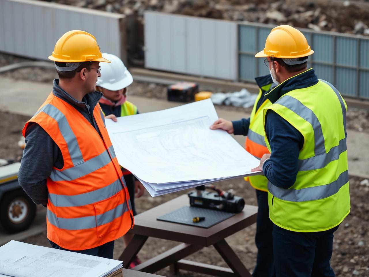Engineers reviewing highway design drawings on site