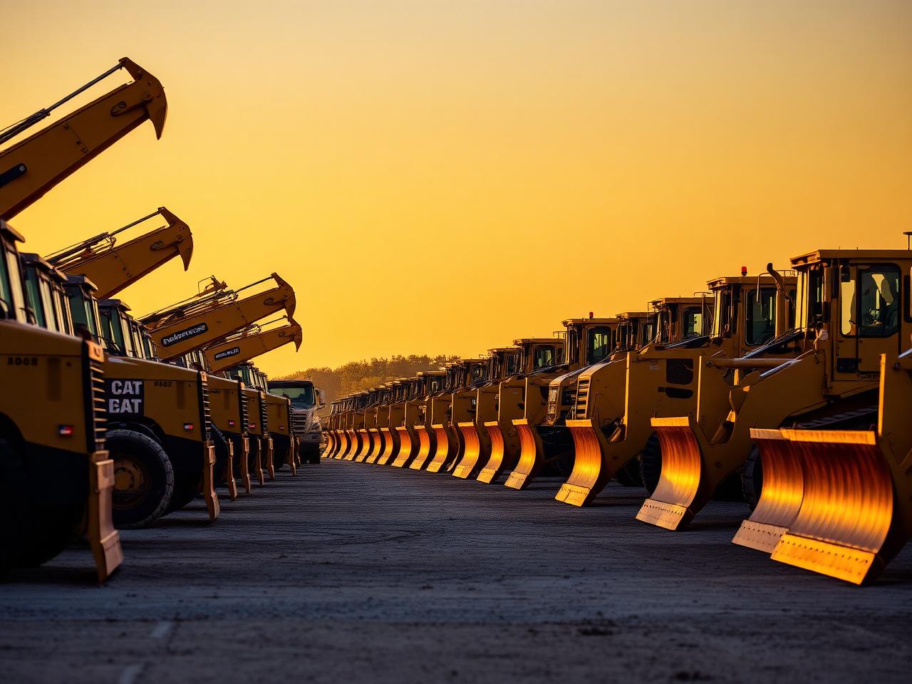 Fleet of heavy construction machinery lined up in a yard